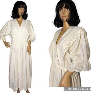 Vintage OOAK White Prairie eyelet scalloped maxi popover dress medium